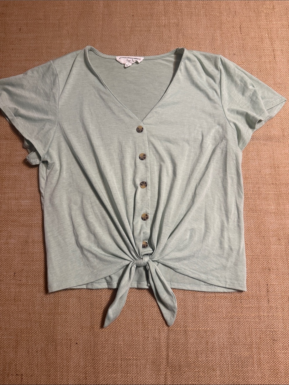 Hippie Rose Sage Green Button-Front Tie Crop Top